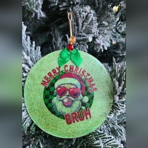 🎄😎 Handmade Wooden Christmas Ornament – “Merry Christmas Bruh” Santa 😎🎄